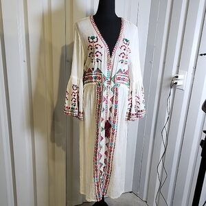 Figue Minette Embroidered Bohemian Cotton Maxi Dress - Cream Size Medium